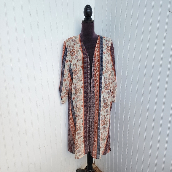 Liberty Love Women’s Sheer Cardigan / Kimono Red Blue Floral Open Front Sz L - Picture 1 of 12